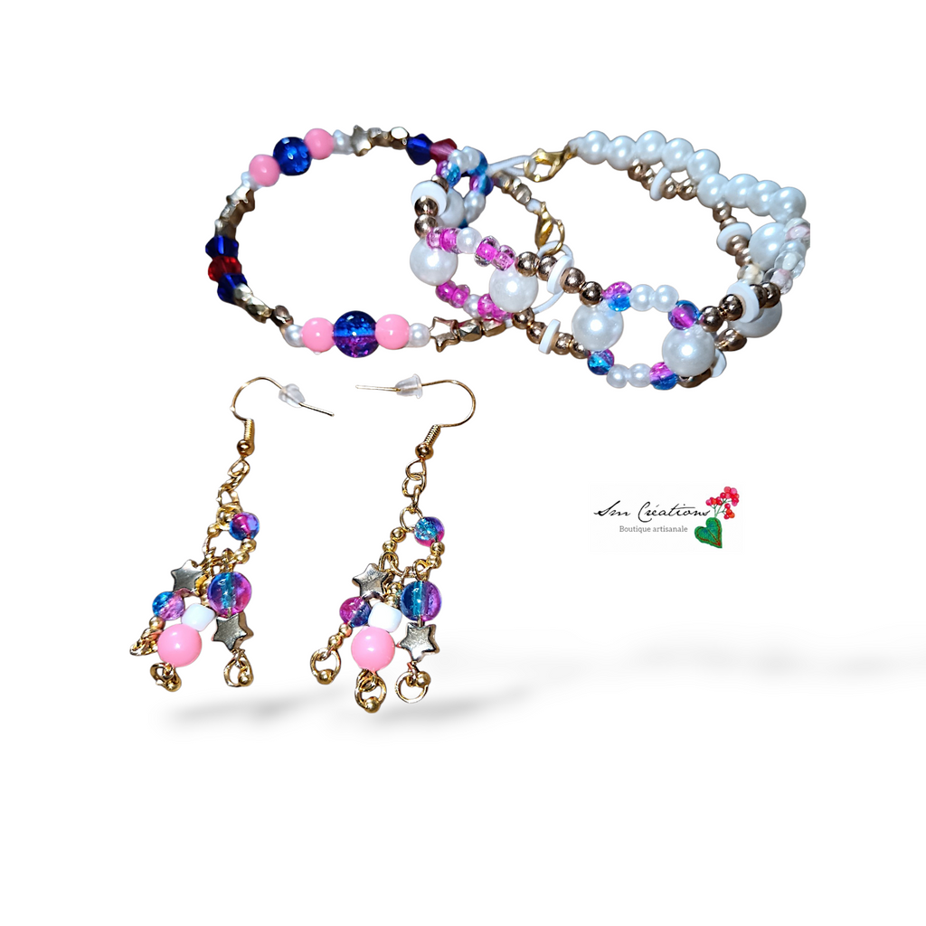 Ensemble de bijoux fais main Couleurs Or/ Rose bonbon / Bleu nuit