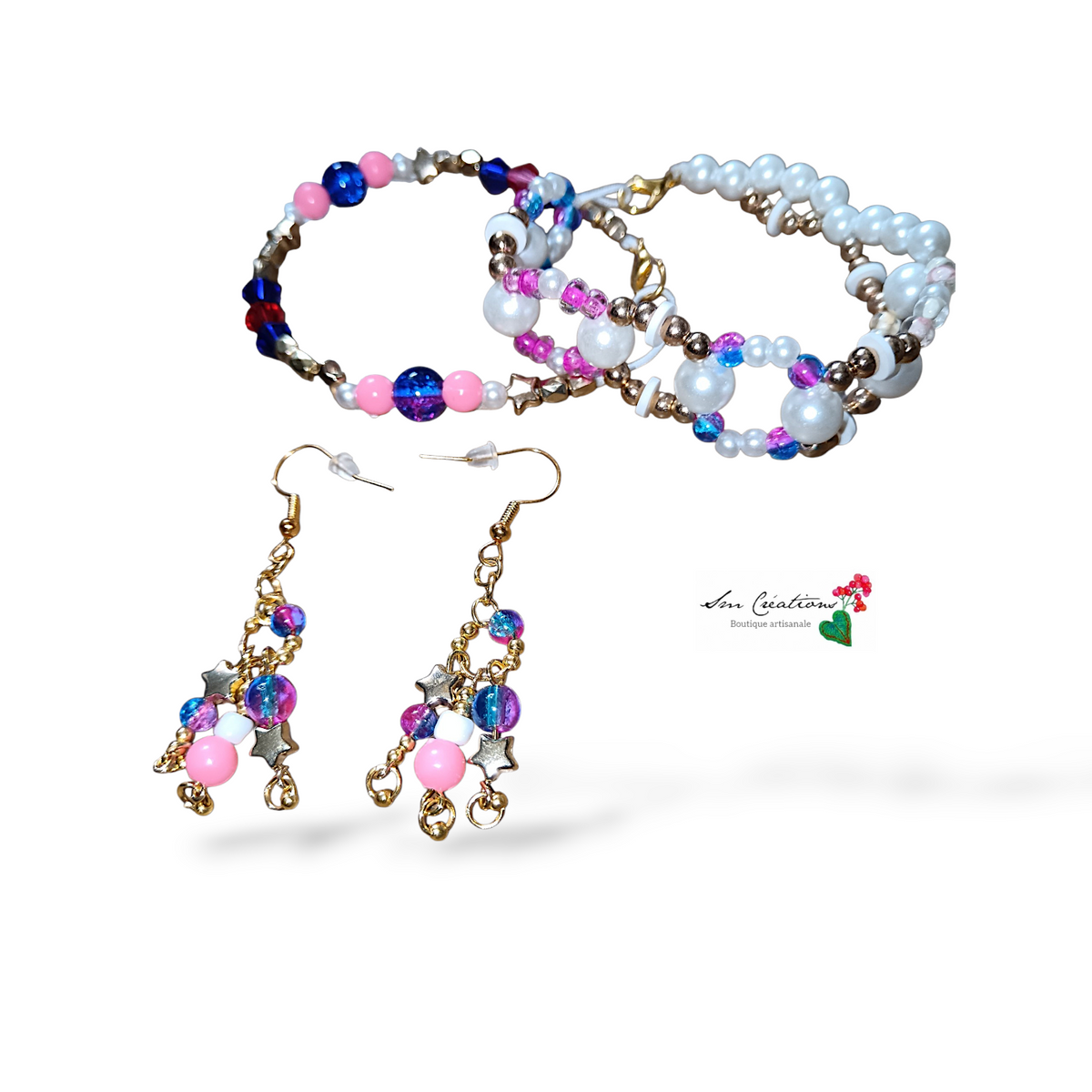 Ensemble de bijoux fais main Couleurs Or/ Rose bonbon / Bleu nuit
