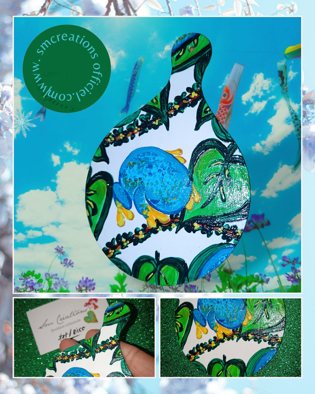 Peinture décoratif joviale ''Petite grenouille bleue''| Signé Sm