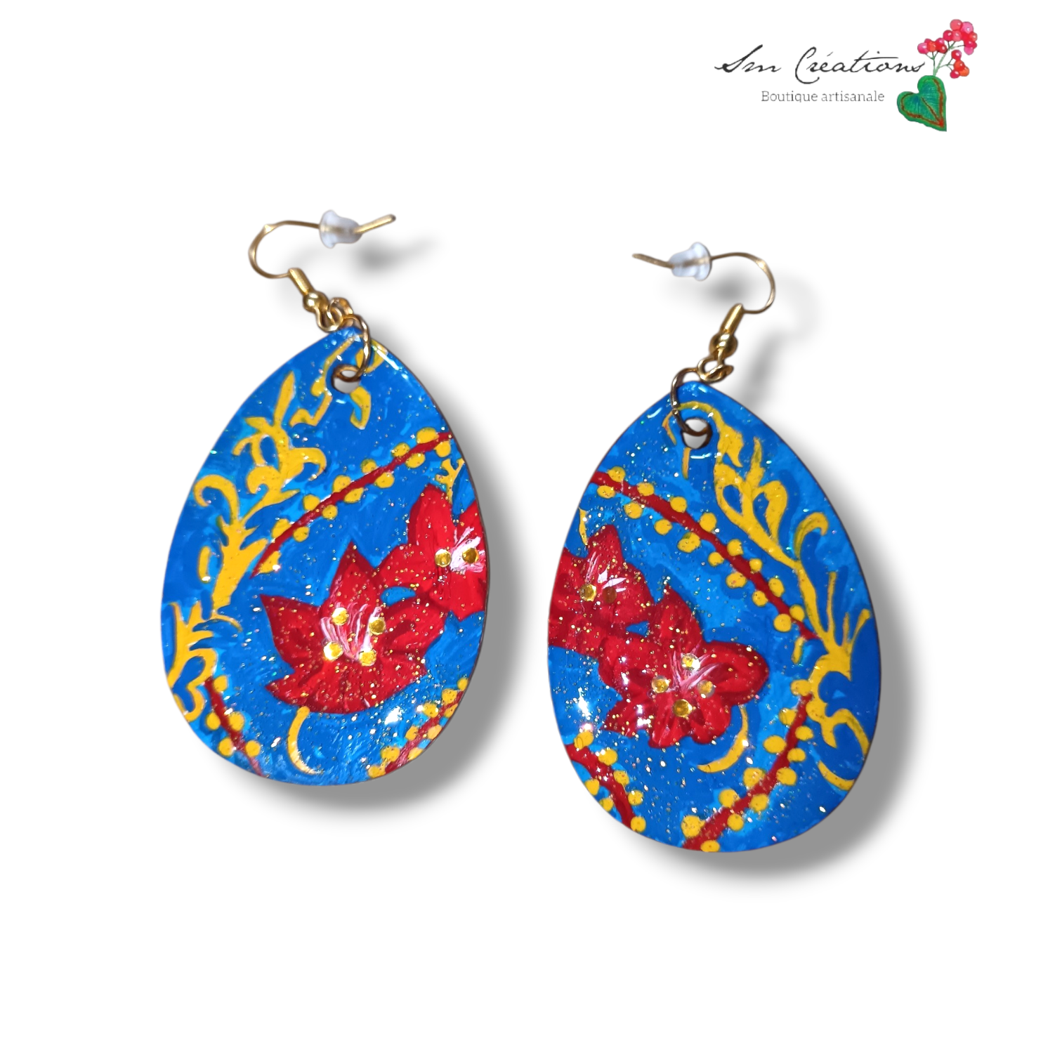 Boucle d'oreille artistique |''Goutte de fleur sur fond bleu''| 95% Naturel Fais Main - Bohème chic