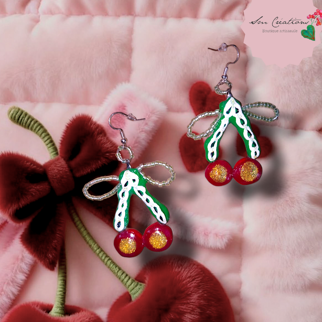 Boucle d'oreille artistique |''Cerise en dentelle ''| 95% Naturel Fais Main