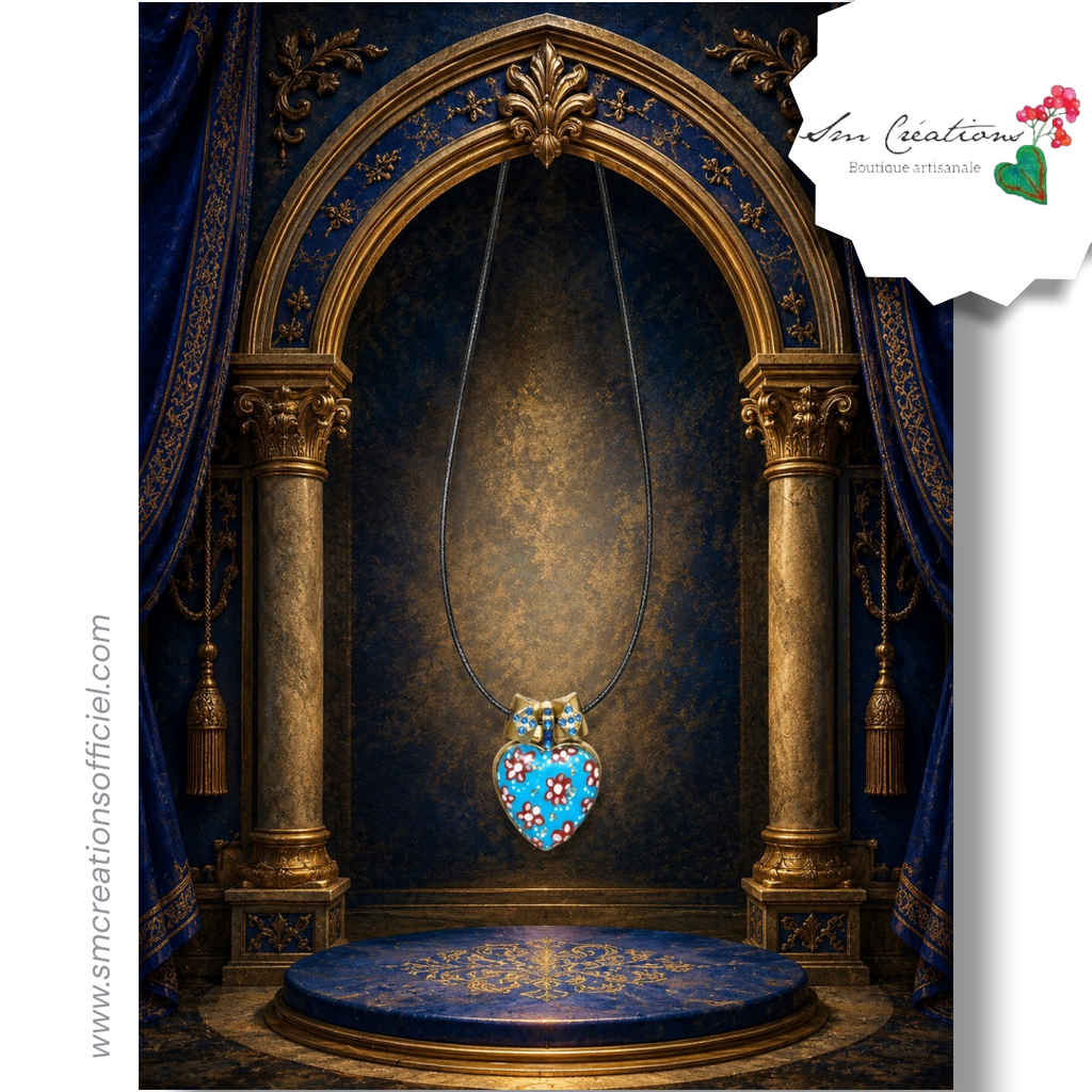 Collier coeur artisanal - Bleu et Marron - Exemplaire unique
