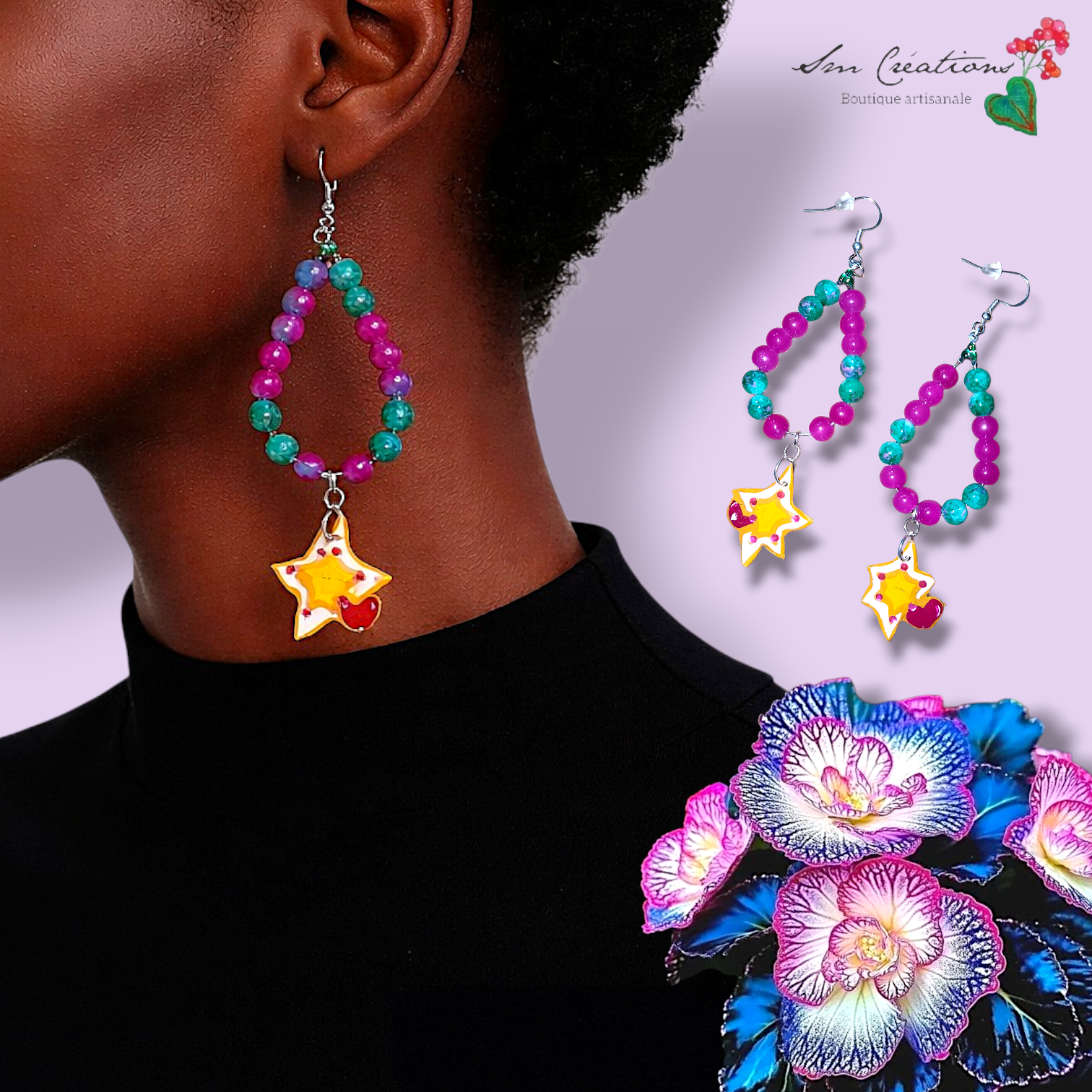 Boucle d'oreille artistique |''Etoile et petit coeur''| 95% Naturel Fais Main