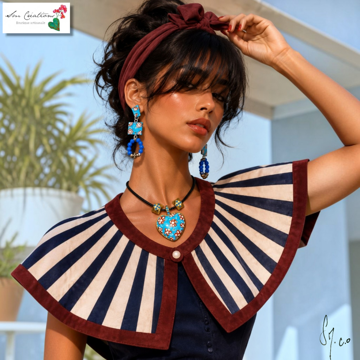 Collier coeur artisanal/ Boucle d'oreille - Bleu et Marron - Exemplaire unique