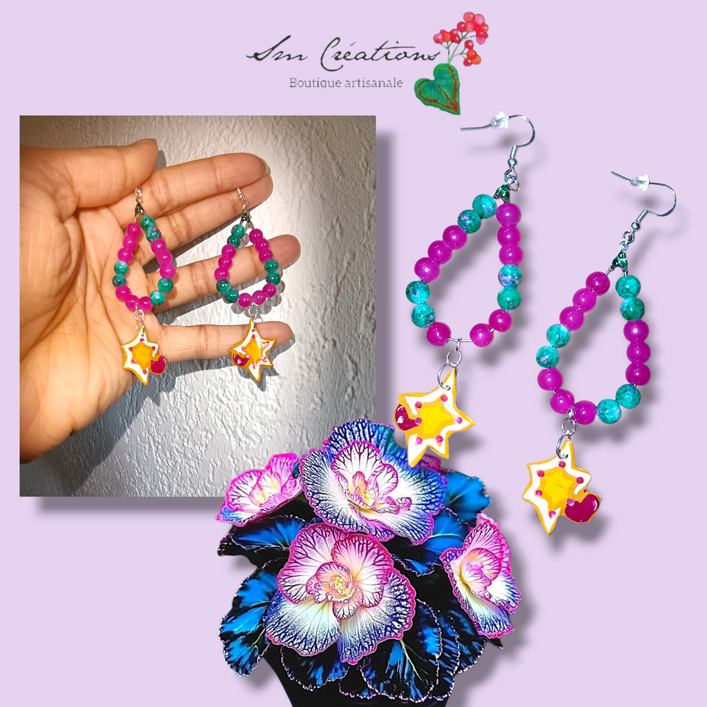 Boucle d'oreille artistique |''Etoile et petit coeur''| 95% Naturel Fais Main