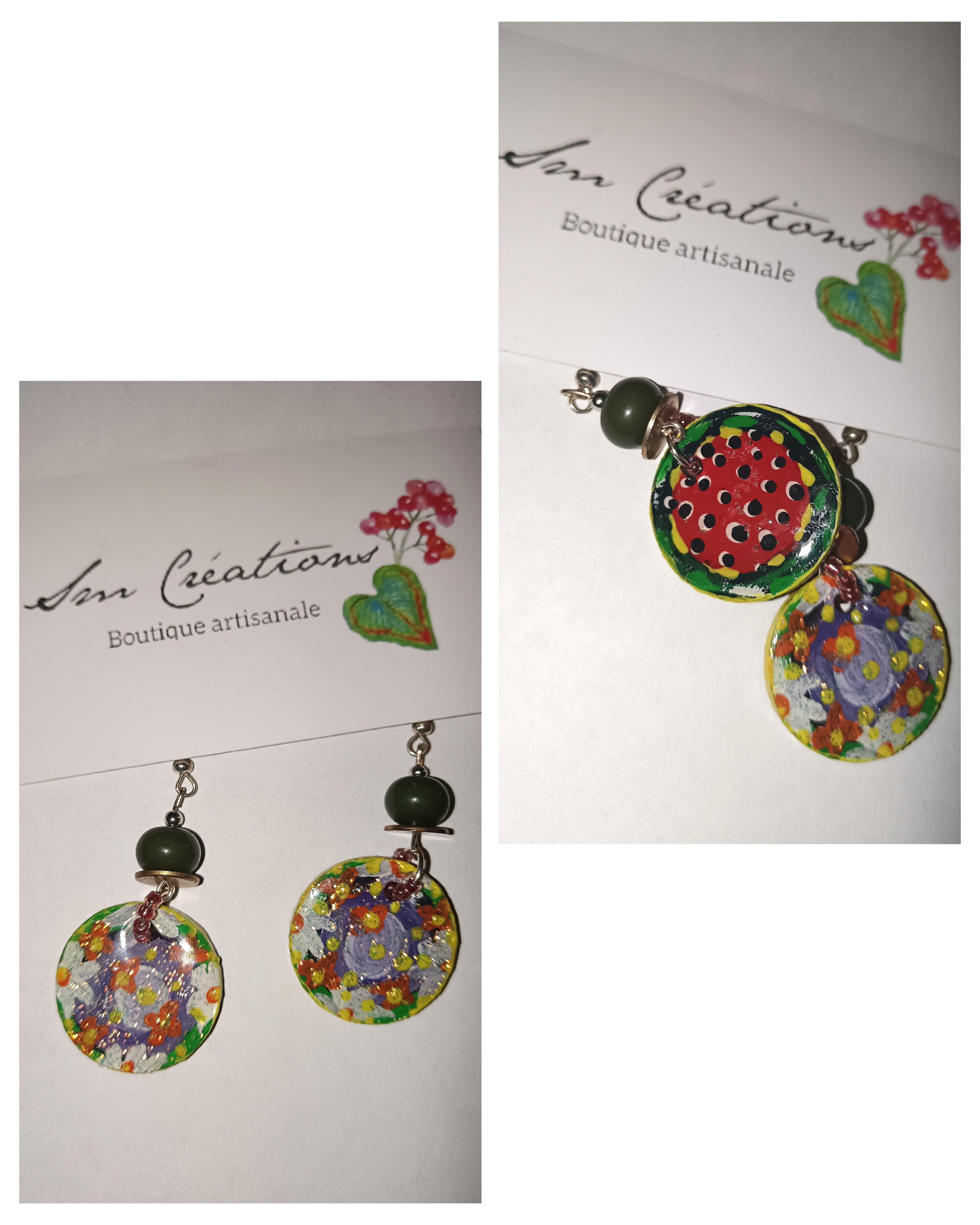 Boucle d'oreille artistique |''Pastèque et papier peint ''| 95% Naturel Fais Main