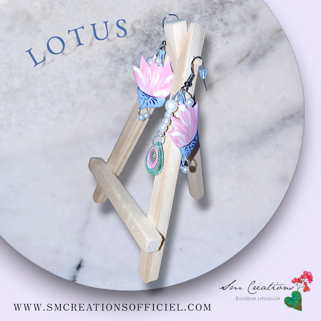 Boucle d'oreille artistique |''Lotus 💜 ''| 95% Naturel Fais Main - Arte chic