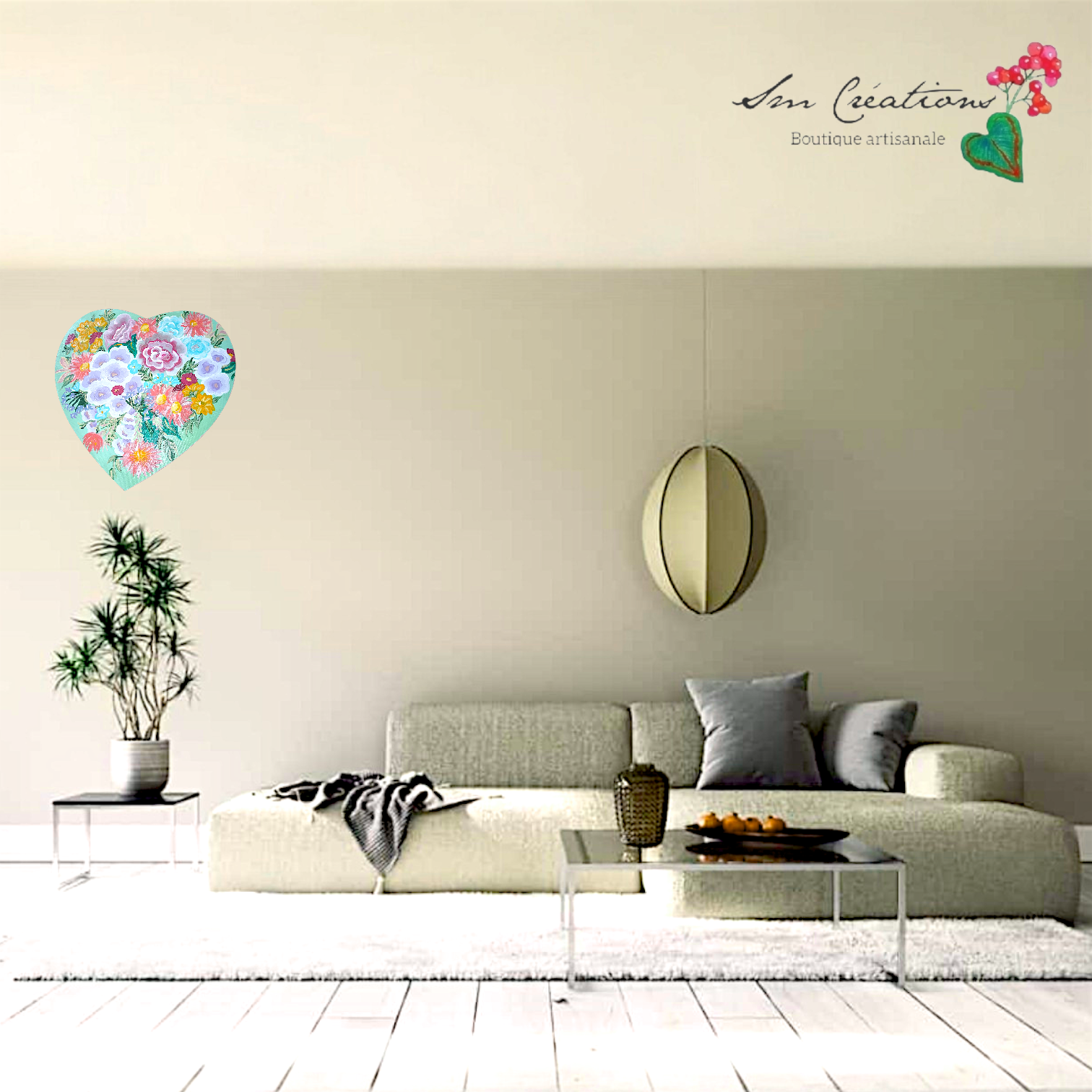 Tableau cœur floral peint à la main – Décoration murale romantique – Art bohème fleurs pastel – Cadeau unique Nature Lover "Garden  Green'' signé Sm