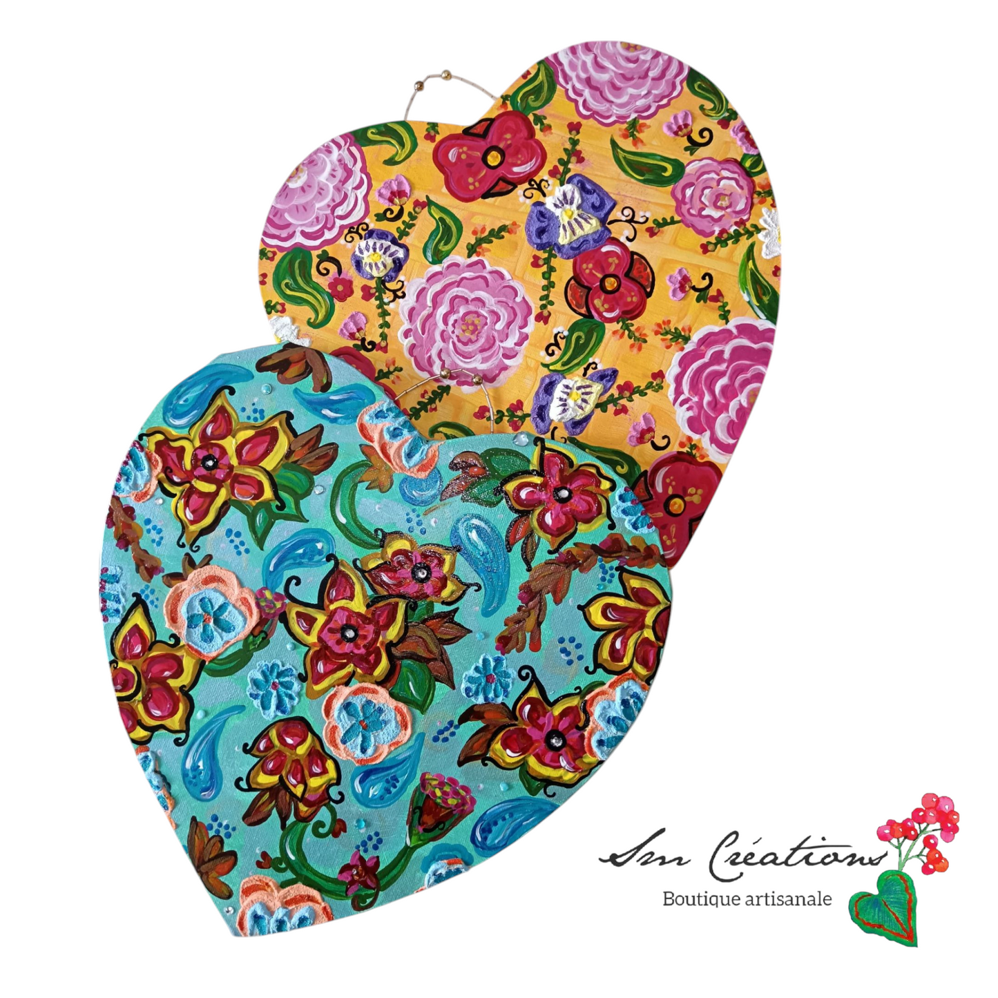 "Coeur fleur de miel" Peinture acrylique/ texturée 29X29 cm avec attache perlée artisanale- Exemplaire unique signé