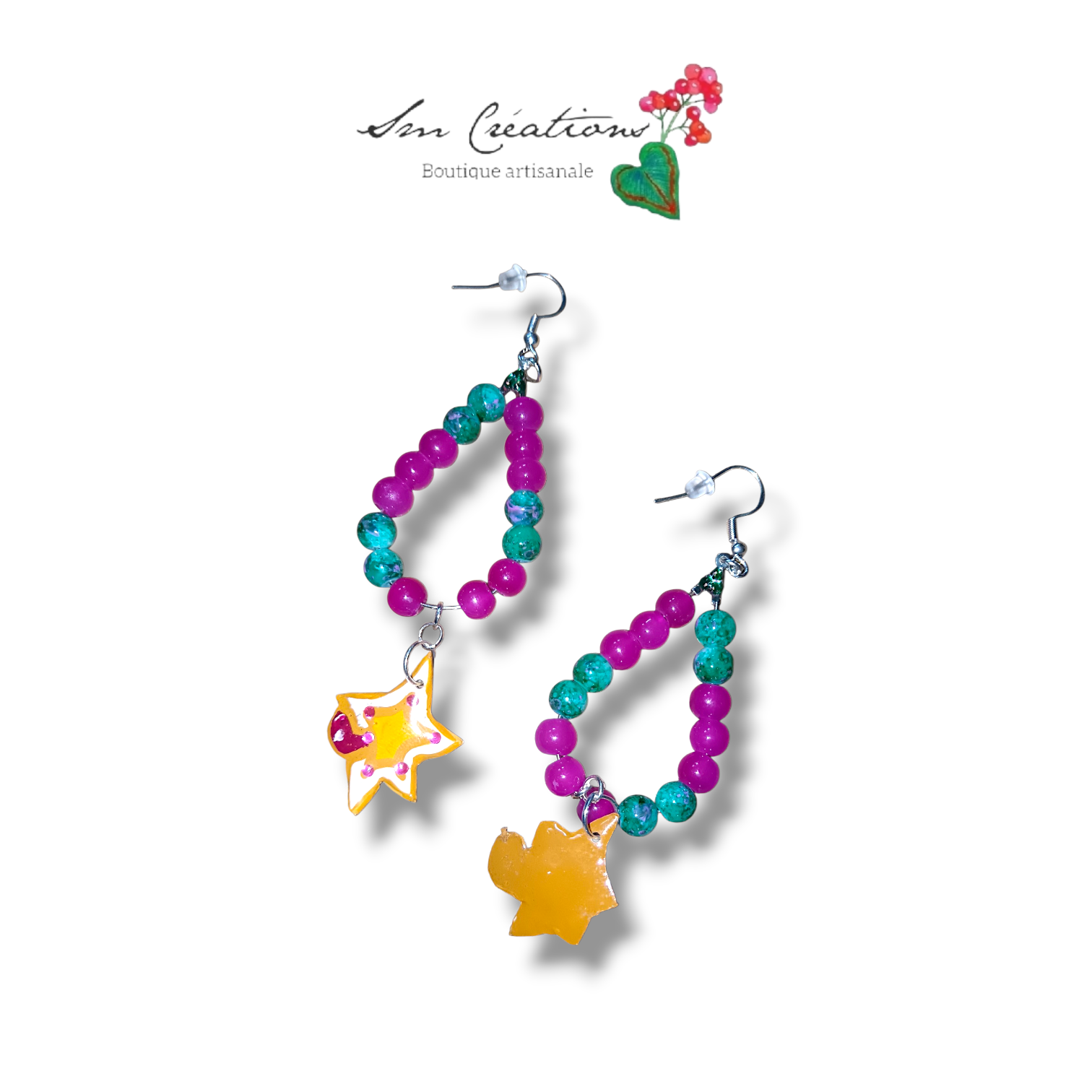 Boucle d'oreille artistique |''Etoile et petit coeur''| 95% Naturel Fais Main