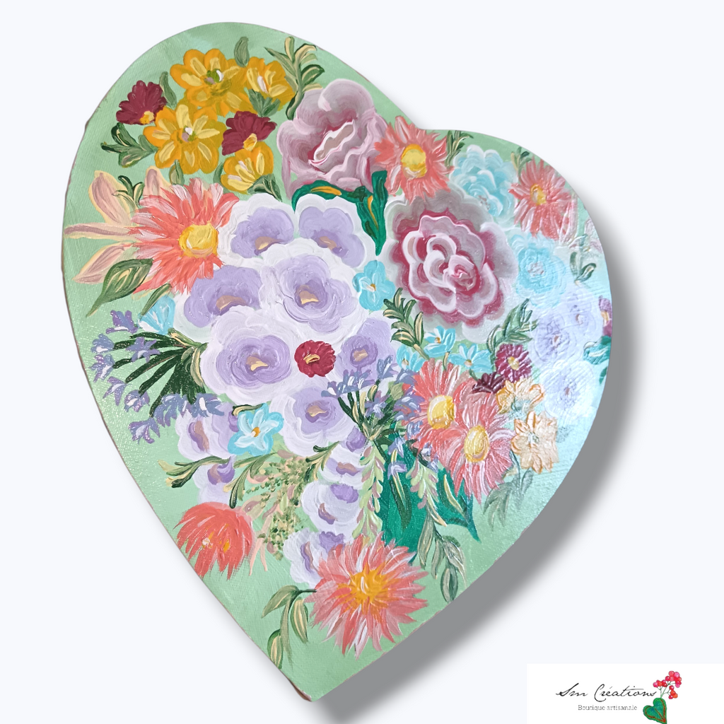 Tableau cœur floral peint à la main – Décoration murale romantique – Art bohème fleurs pastel – Cadeau unique Nature Lover "Garden  Green'' signé Sm
