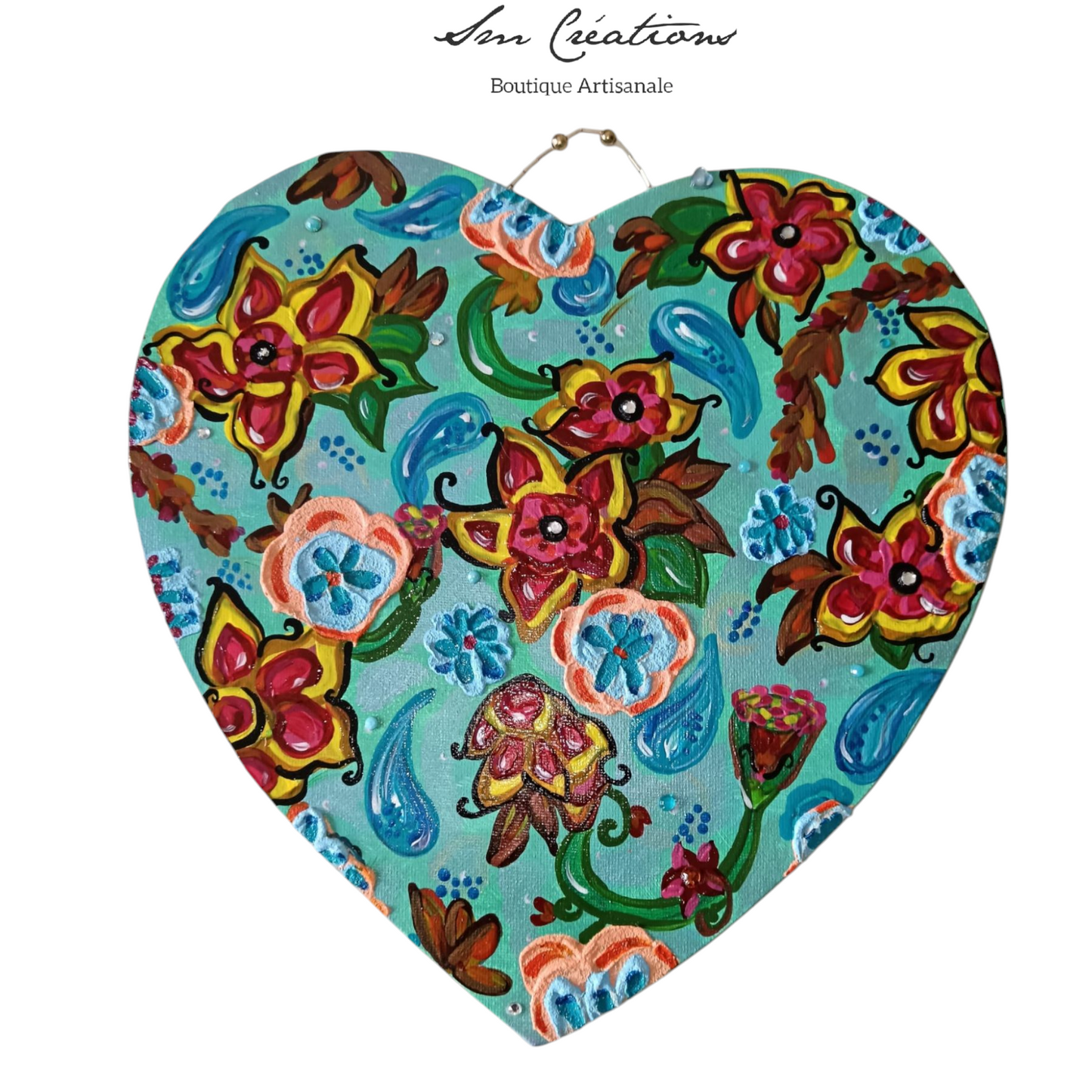 "Coeur coulant d'azur" Peinture acrylique / texturée 29x29cm avec attache perlée artisanale - originale signé