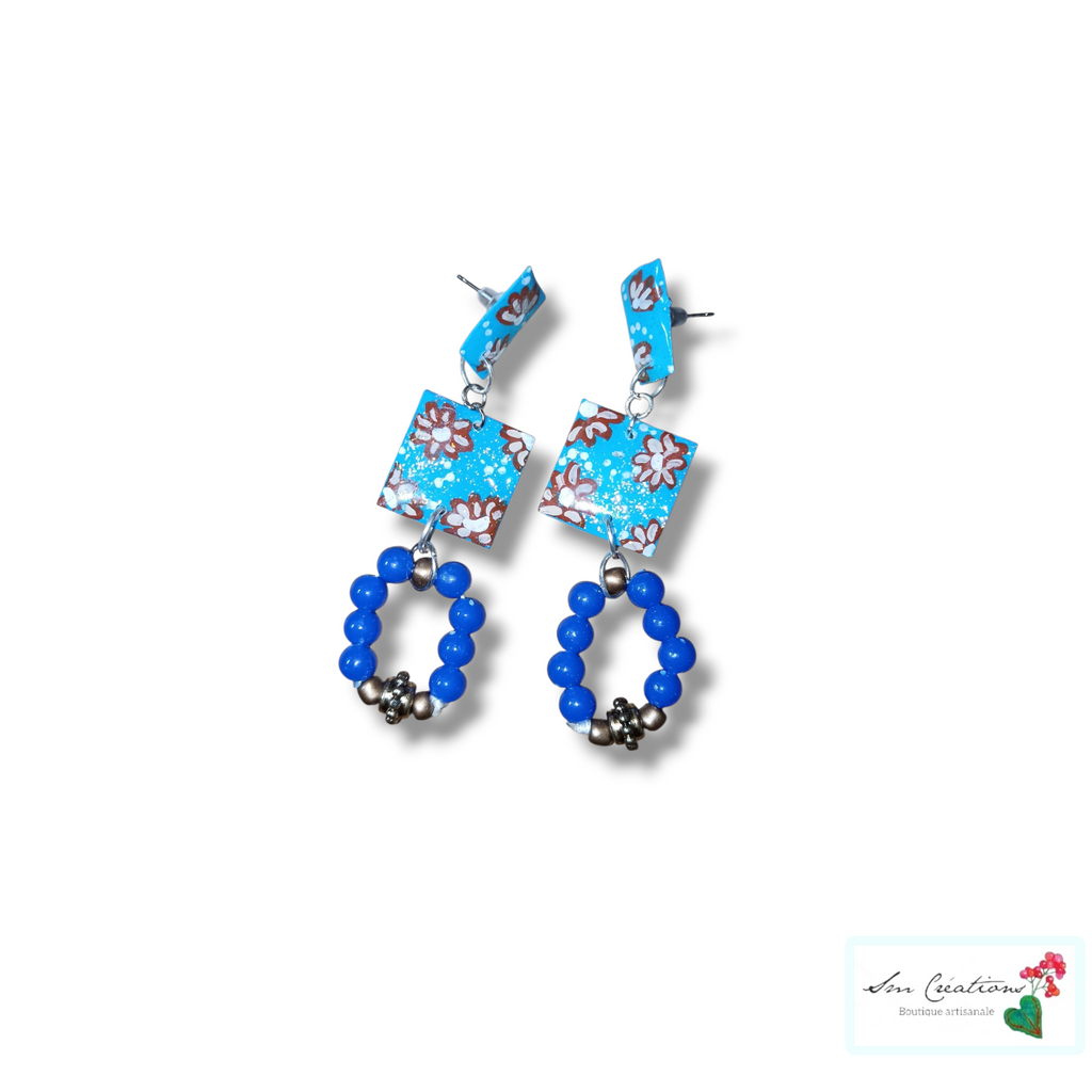 Collier coeur artisanal/ Boucle d'oreille - Bleu et Marron - Exemplaire unique
