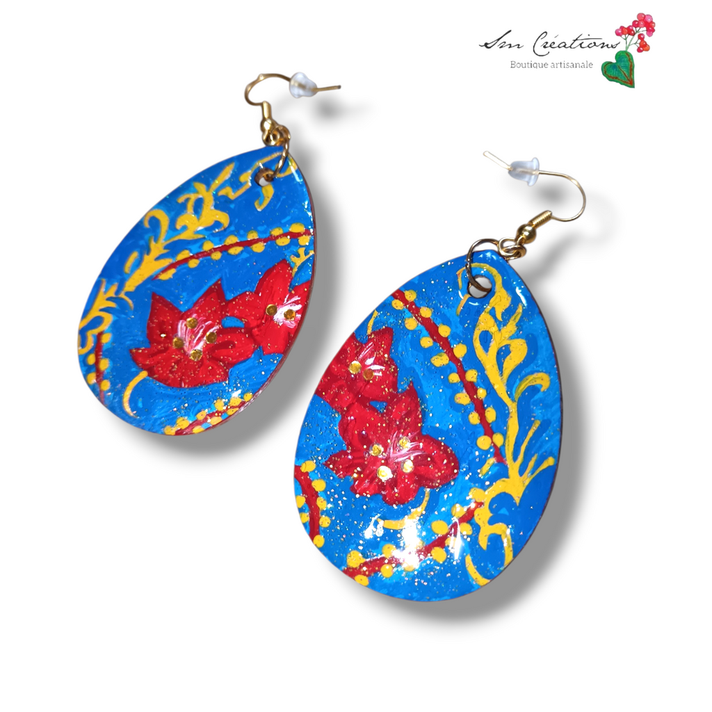 Boucle d'oreille artistique |''Goutte de fleur sur fond bleu''| 95% Naturel Fais Main - Bohème chic