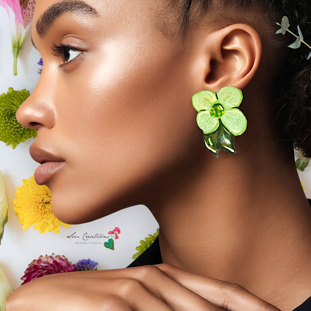 Boucle d'oreille artistique |''Flowers Pin's''| 95% Naturel Fais Main - Arte chic / Coloris Vert