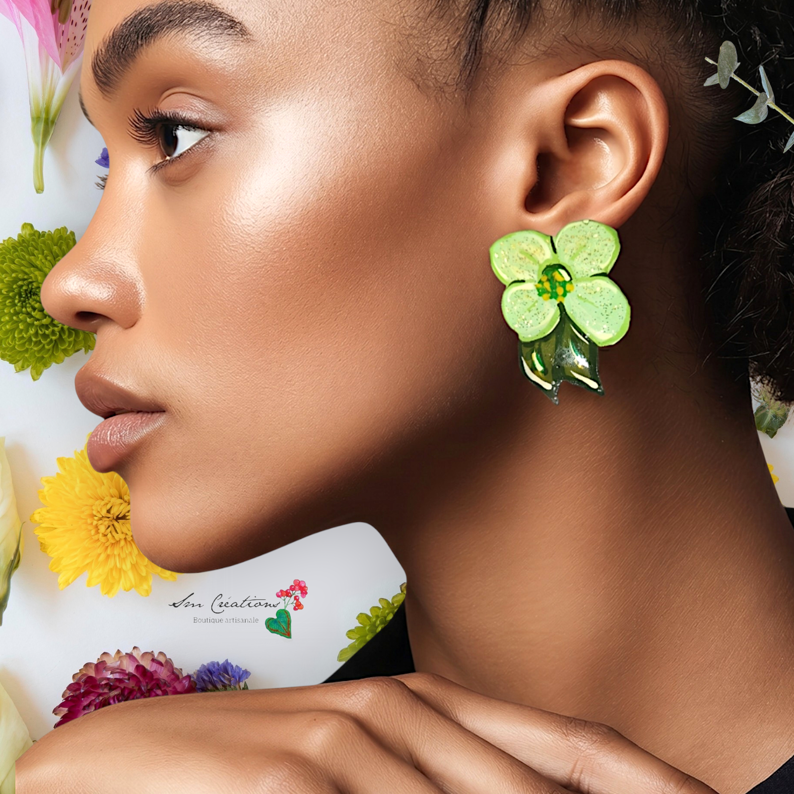 Boucle d'oreille artistique |''Flowers Pin's''| 95% Naturel Fais Main - Arte chic / Coloris Vert