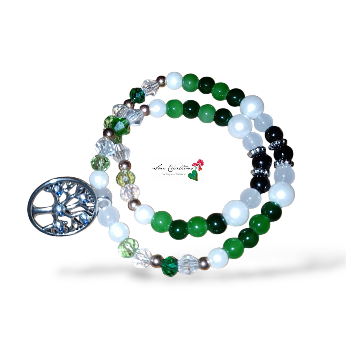 Bracelet XL Double tour - Coloris vert anis/ Détail Arbre de vie - Fais main
