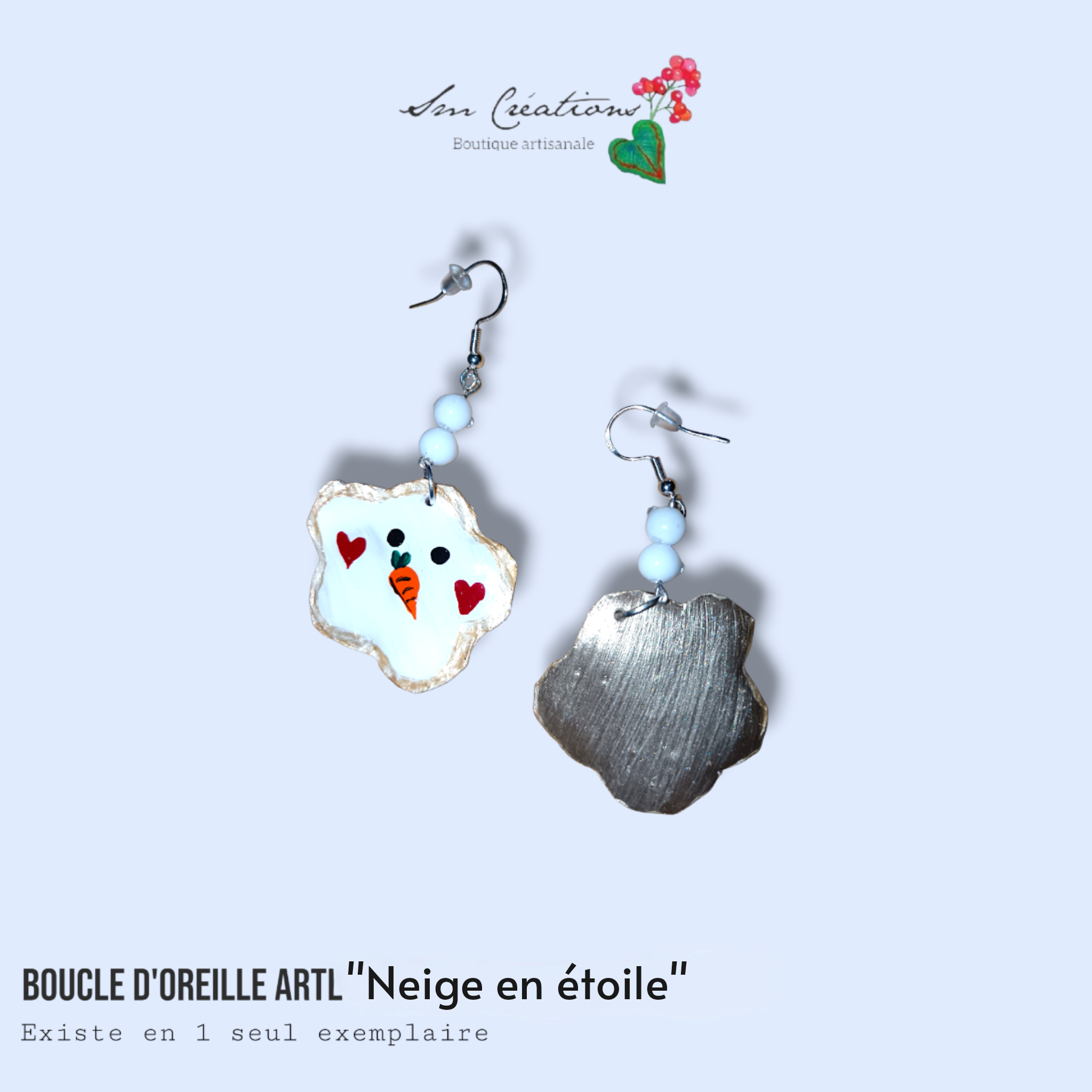 Boucle d'oreille artistique |''Neige en étoile''| 95% Naturel Fais Main