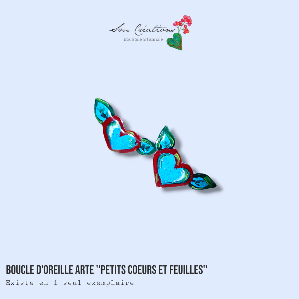 Boucle d'oreille artistique |''Petits coeurs et feuilles''| 95% Naturel Fais Main
