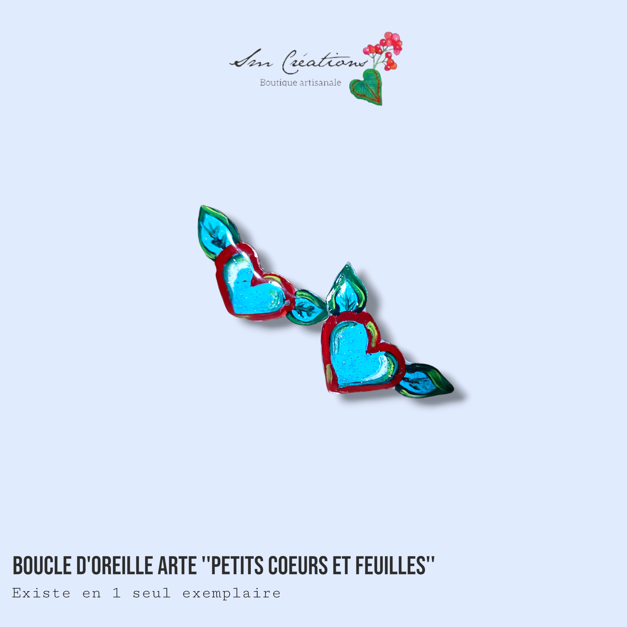 Boucle d'oreille artistique |''Petits coeurs et feuilles''| 95% Naturel Fais Main