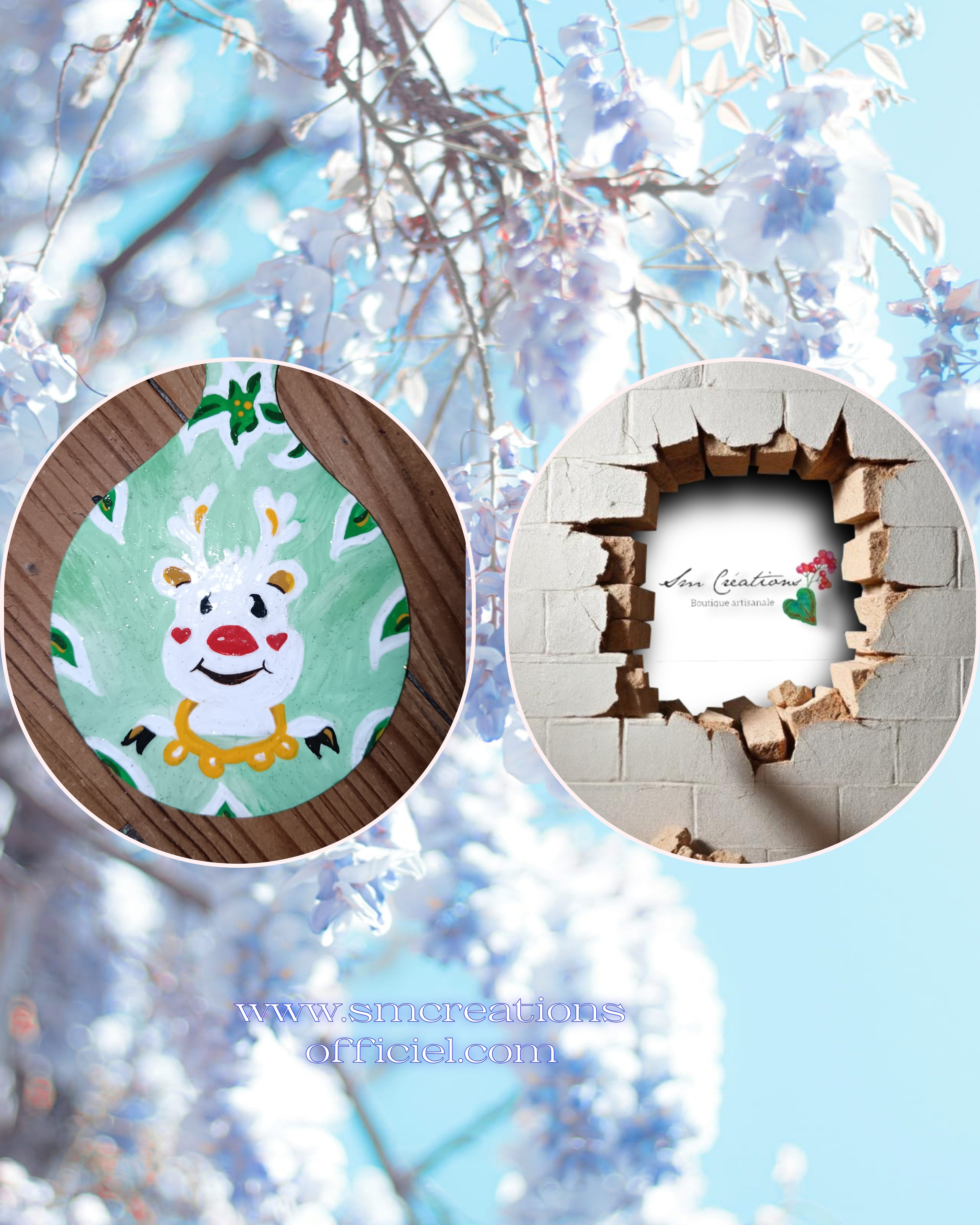 Peinture décoratif joviale ''Cerf blanc et feuilles''| Signé Sm