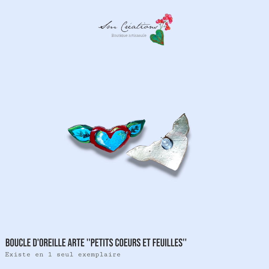 Boucle d'oreille artistique |''Petits coeurs et feuilles''| 95% Naturel Fais Main