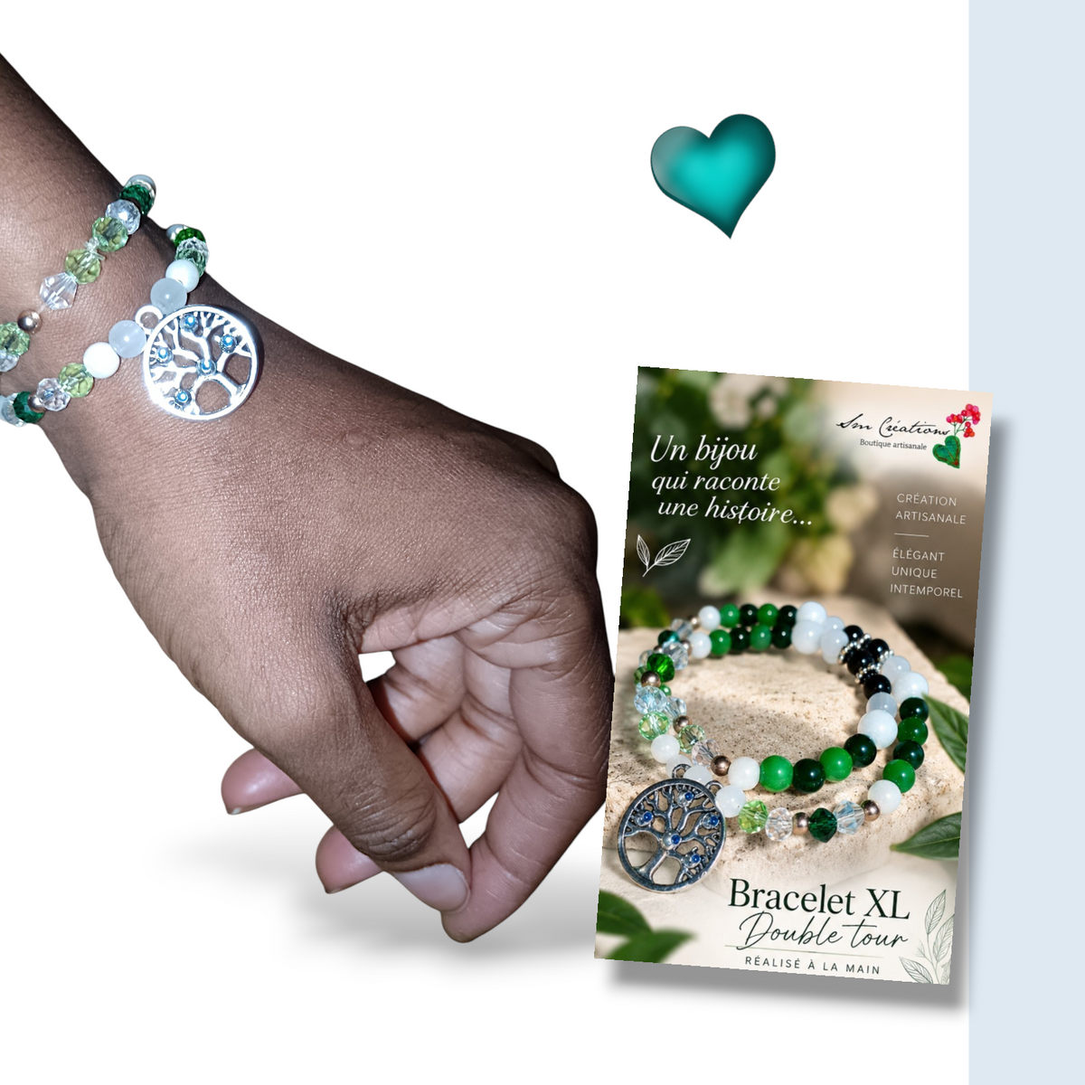 Bracelet XL Double tour - Coloris vert anis/ Détail Arbre de vie - Fais main