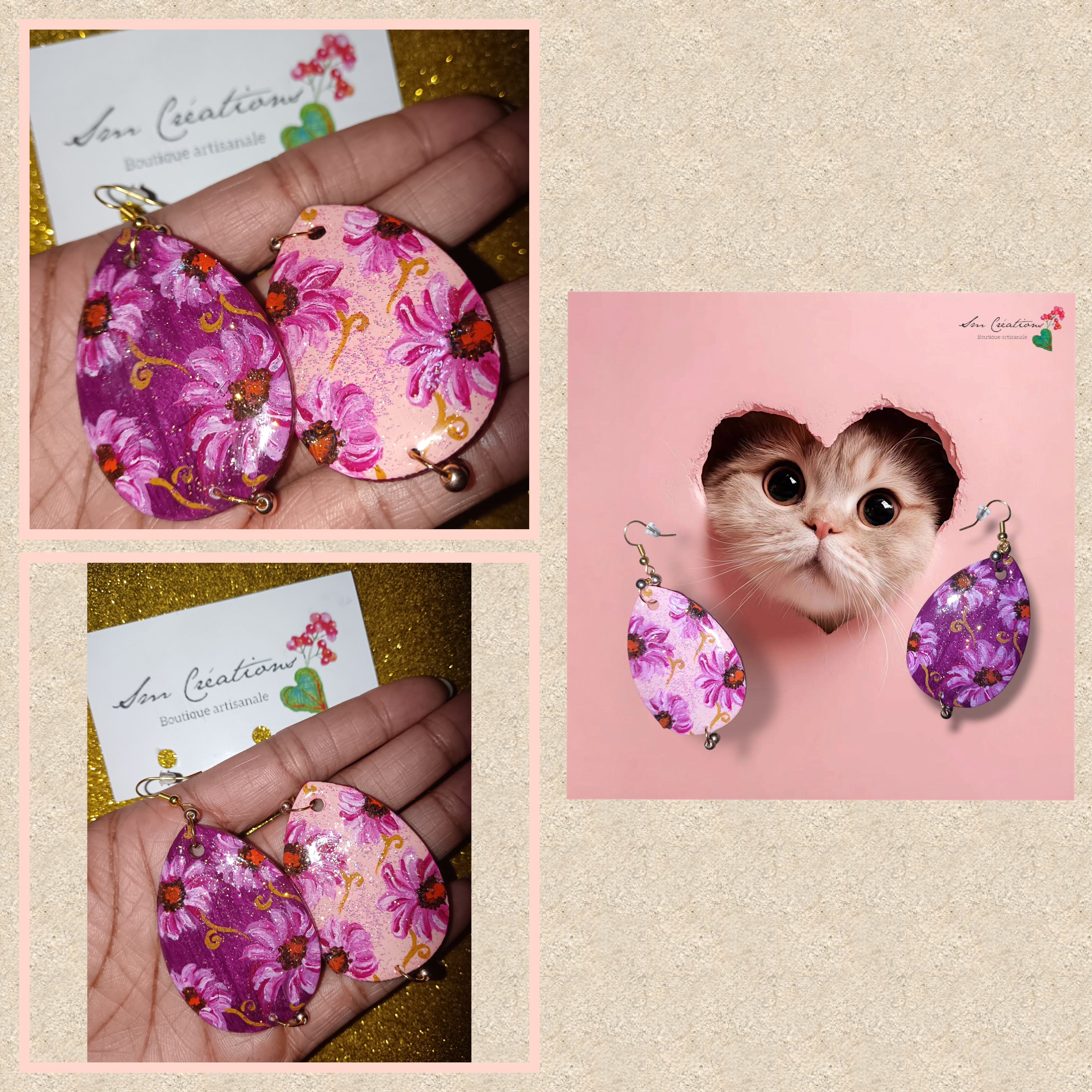 Boucle d'oreille artistique |''Goutte de fleur dépareillée''| 95% Naturel Fais Main - Bohème chic