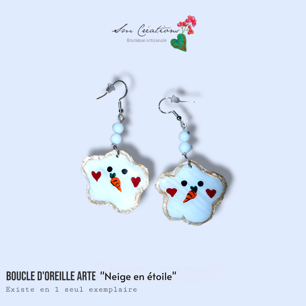 Boucle d'oreille artistique |''Neige en étoile''| 95% Naturel Fais Main