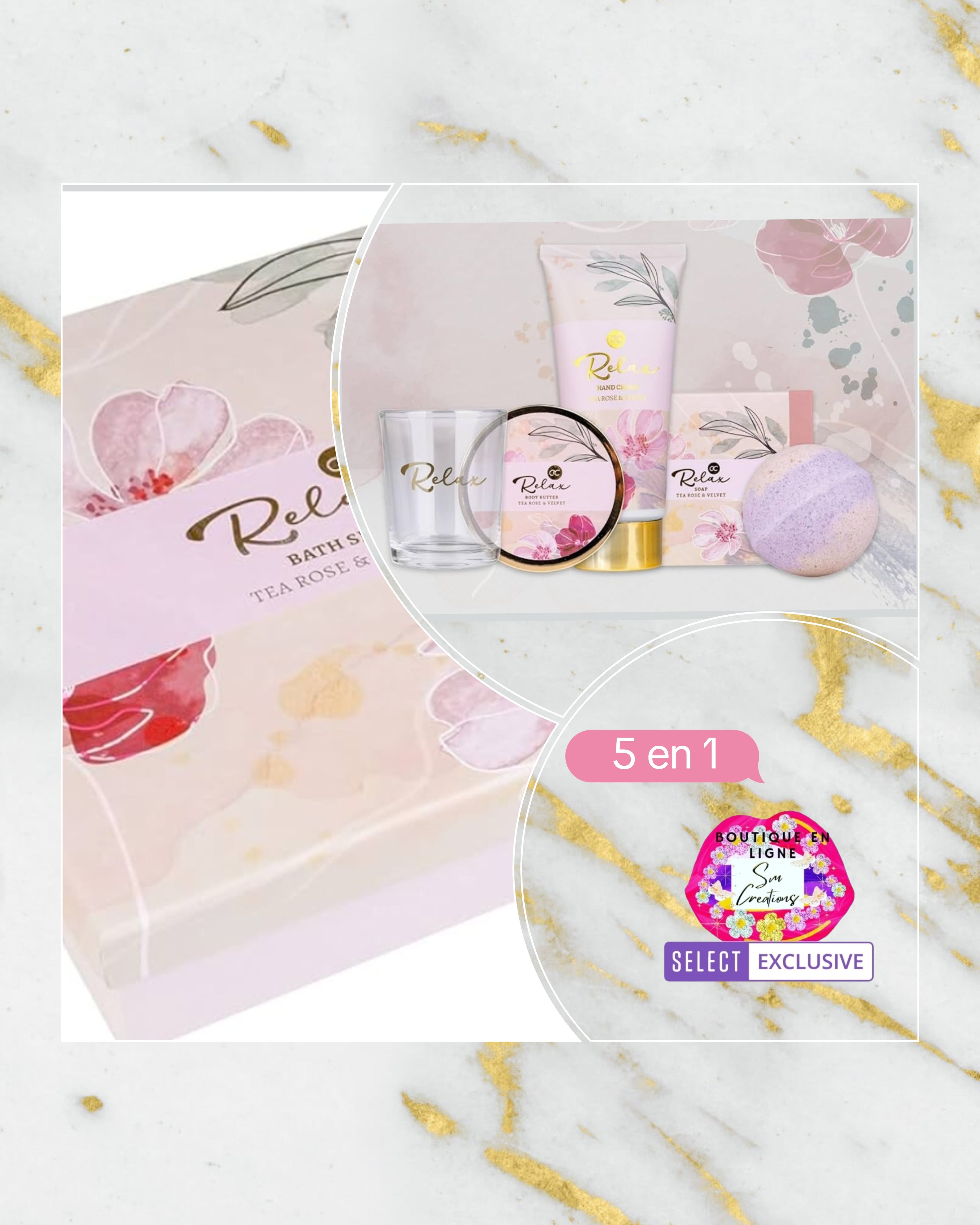 Cofffret Cadeau Beauté pour femme | 5 en 1 | ''Relax - Thé à la rose/ Velvet'' | Sélection SMC