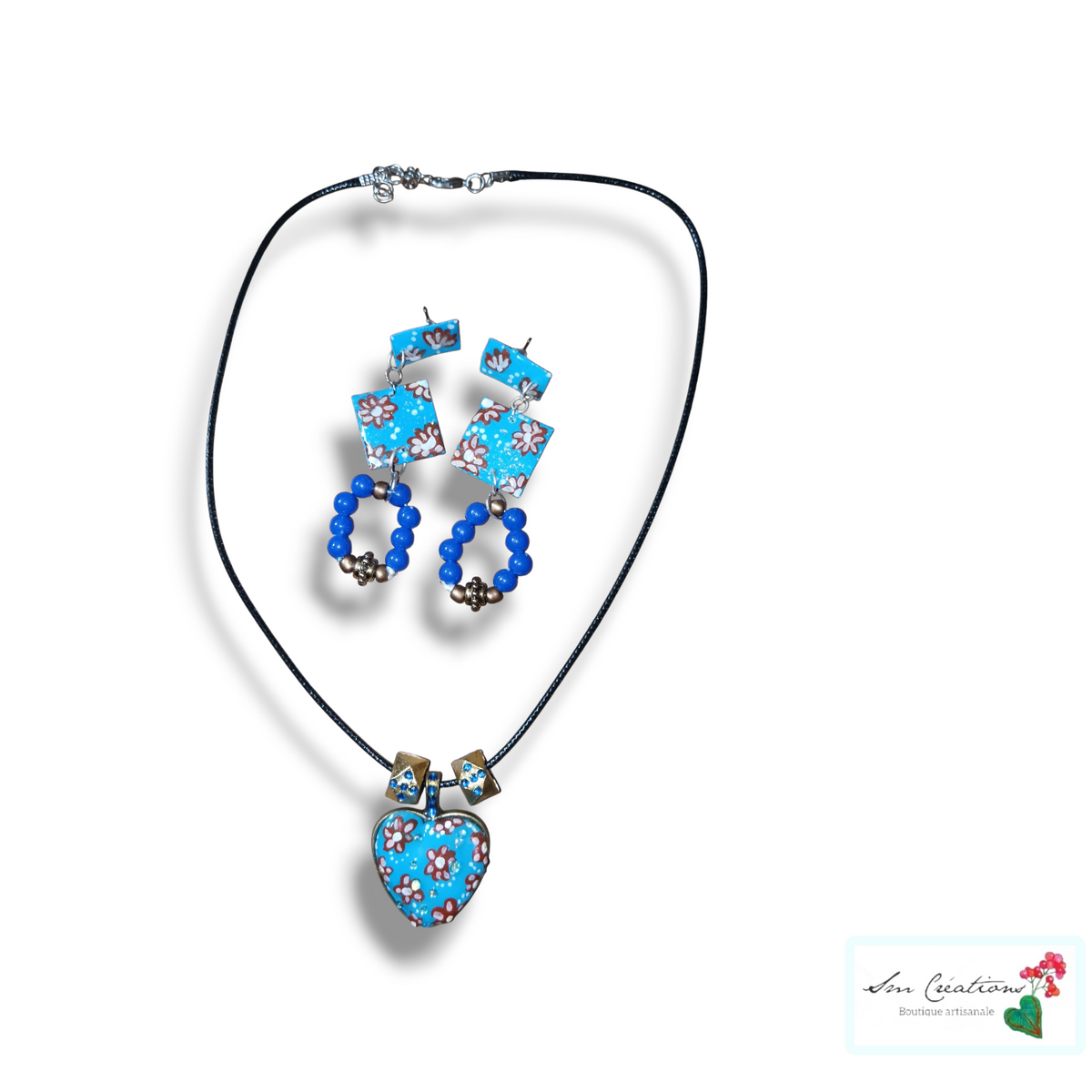 Collier coeur artisanal/ Boucle d'oreille - Bleu et Marron - Exemplaire unique