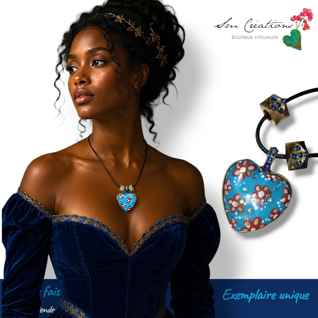 Collier coeur artisanal - Bleu et Marron - Exemplaire unique