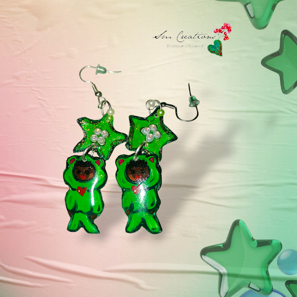 Boucle d'oreille artistique |''Little green ''| 95% Naturel Fais Main