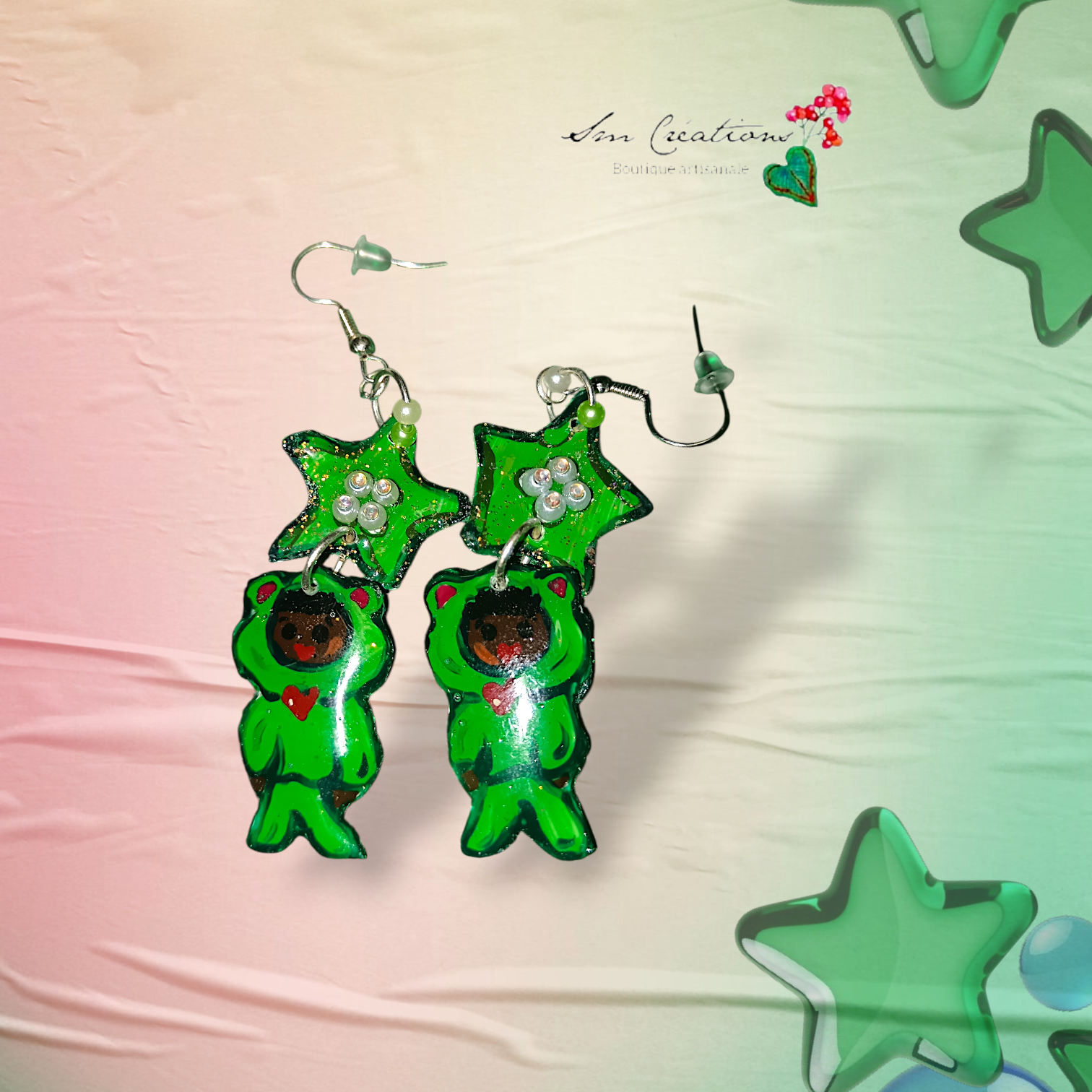 Boucle d'oreille artistique |''Little green ''| 95% Naturel Fais Main