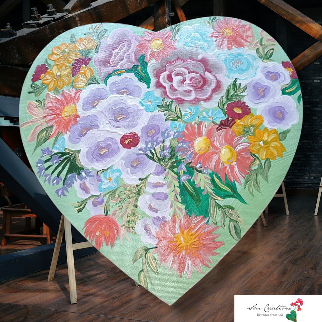 Tableau cœur floral peint à la main – Décoration murale romantique – Art bohème fleurs pastel – Cadeau unique Nature Lover "Garden  Green'' signé Sm