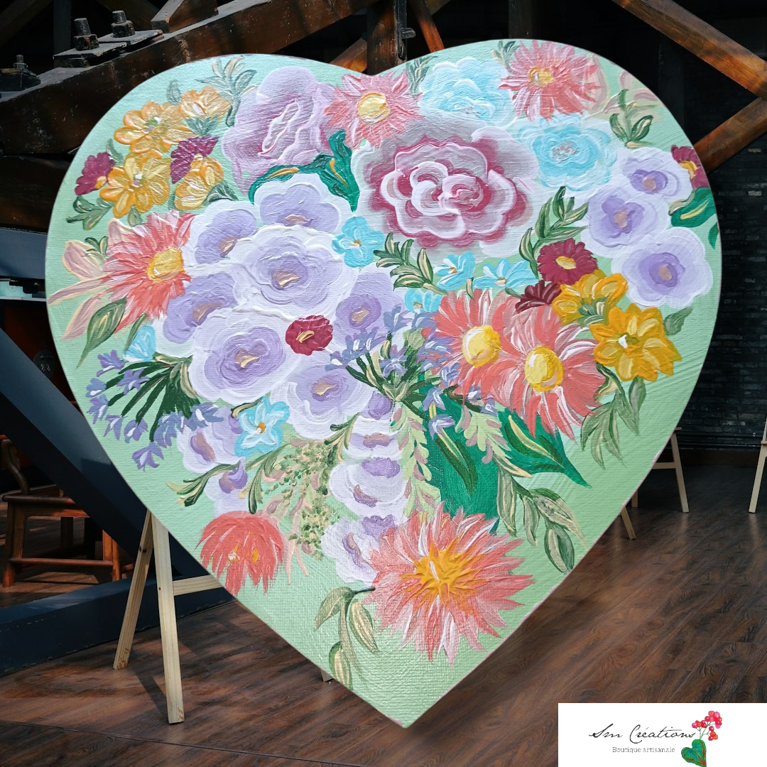 Tableau cœur floral peint à la main – Décoration murale romantique – Art bohème fleurs pastel – Cadeau unique Nature Lover "Garden  Green'' signé Sm