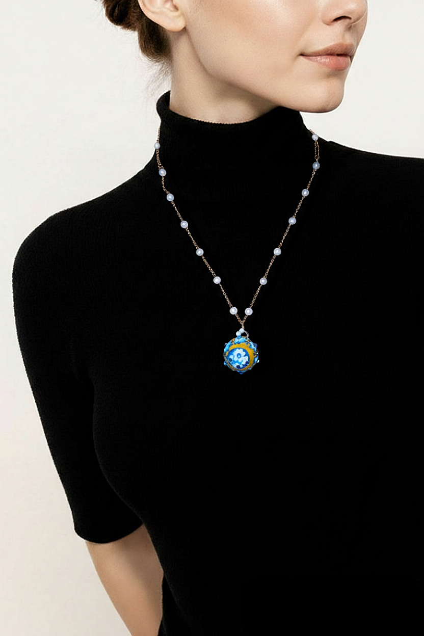 Collier Handmade simple ''Petit pot Graphique '' | Couleur terre et bleu
