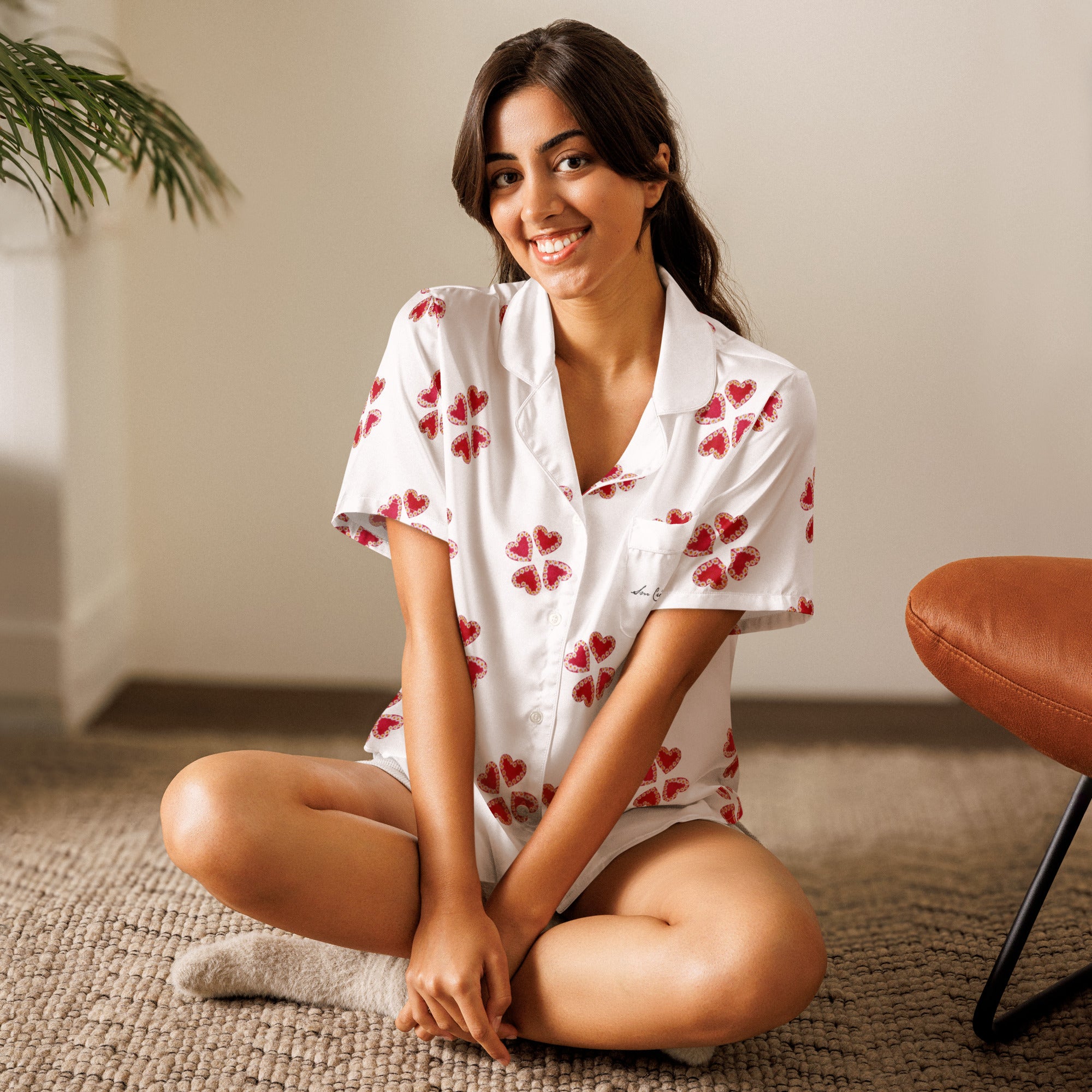 Haut de pyjama à manches courtes/ Top Tendance Midnight - Design "Fleur en cœur" Spring Summer Intemporel