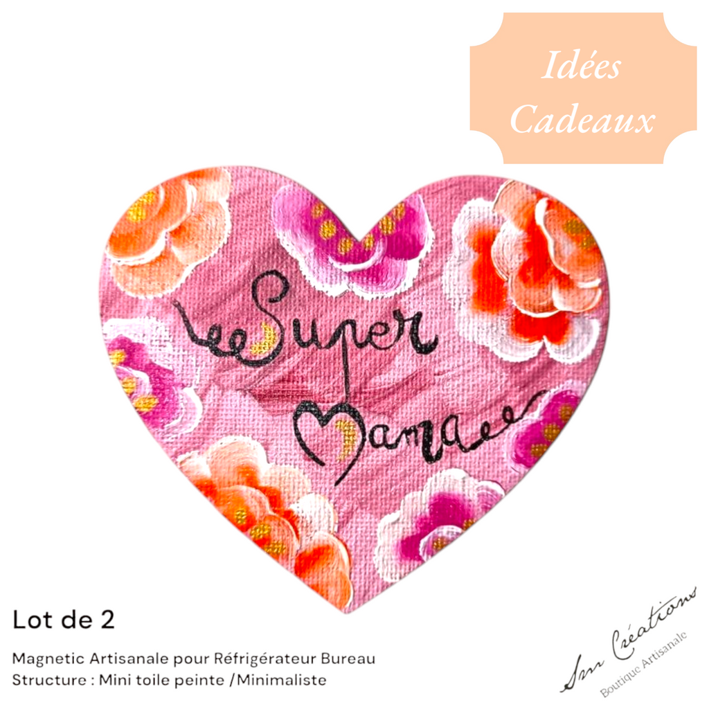 Duo de cœur aimanté artisanale "Super Mama - Te amo" Exemplaire unique *Doux Messages