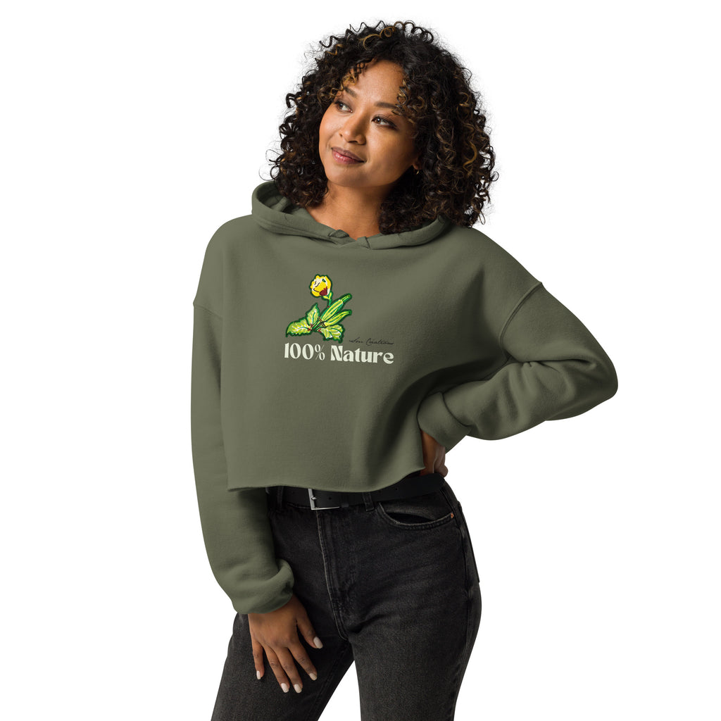 Sweat à Capuche Crop-Top '' 100% Nature'' Design 2025 Coloris Kaki